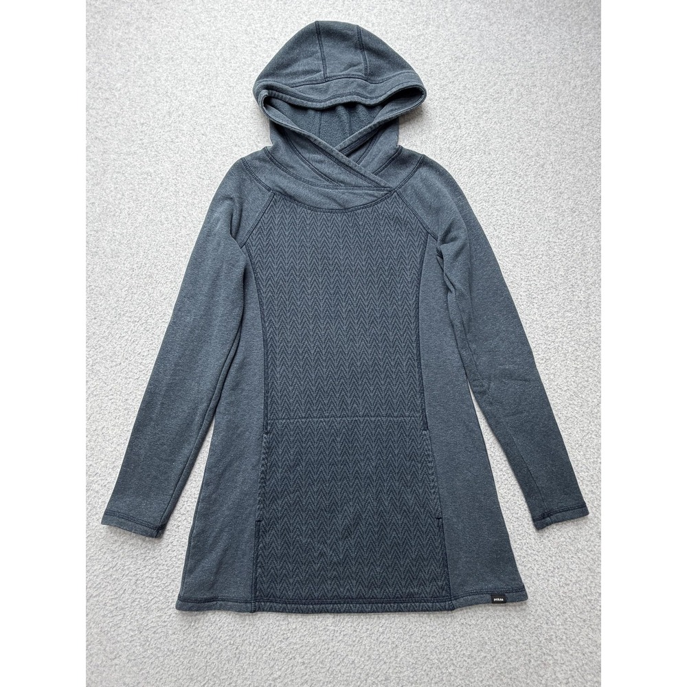 PrAna Tunic Hoodie Womens XS Gray Fleece Cowl Neck Chevron Pockets Long Sleeve